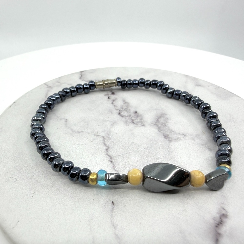 Hematite Beaded Bracelet Statement Barrel Clasp Boho Layering Accessory Gift